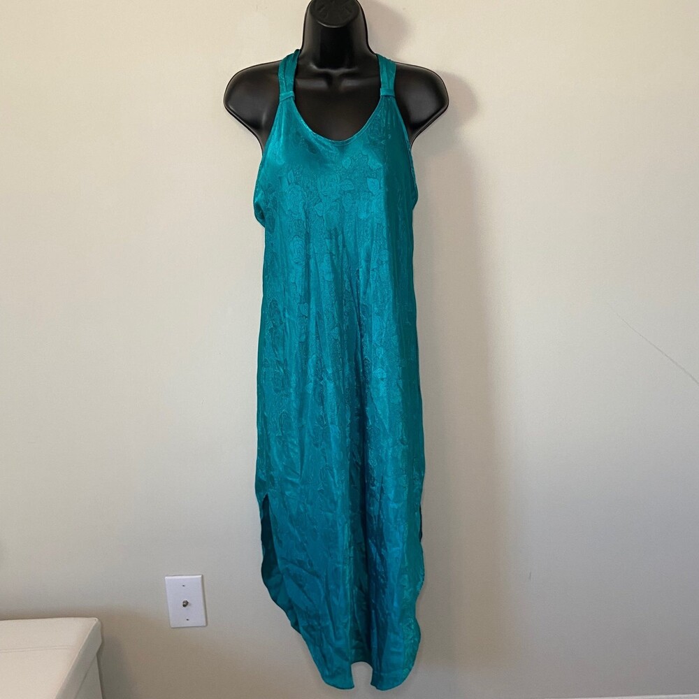 Vitage Y2K Teal Turquoise Nightgown Maxi Floral Slip Dress Size Small